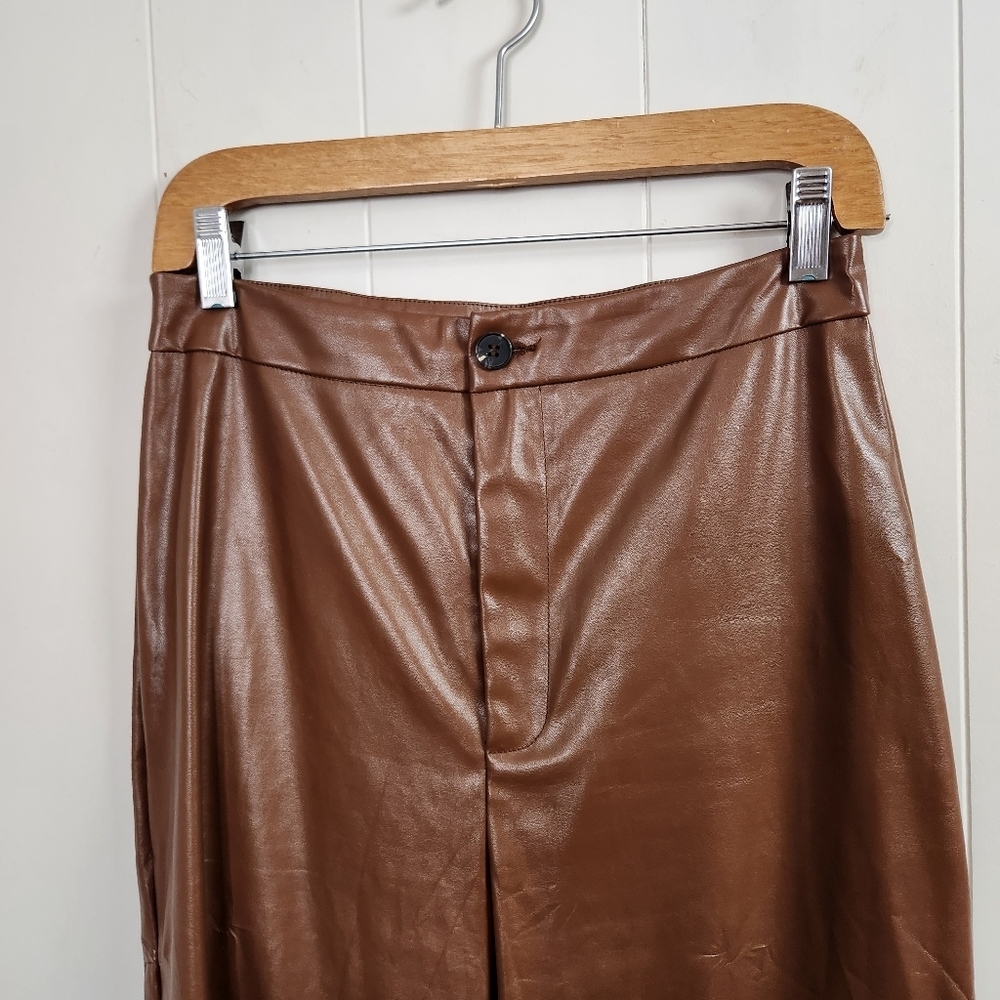 Shein Brown Straight Leg High Waisted Rise Pants Faux Leather Vegan Minimalist - Picture 6 of 12